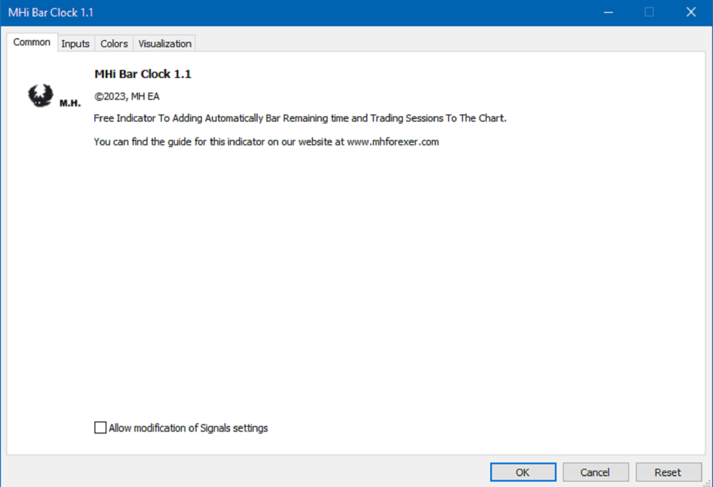 شکل 1 – در تب درباره اندیکاتور (About) مشخصات اندیکاتور و ورژن آن ذکر شده است.